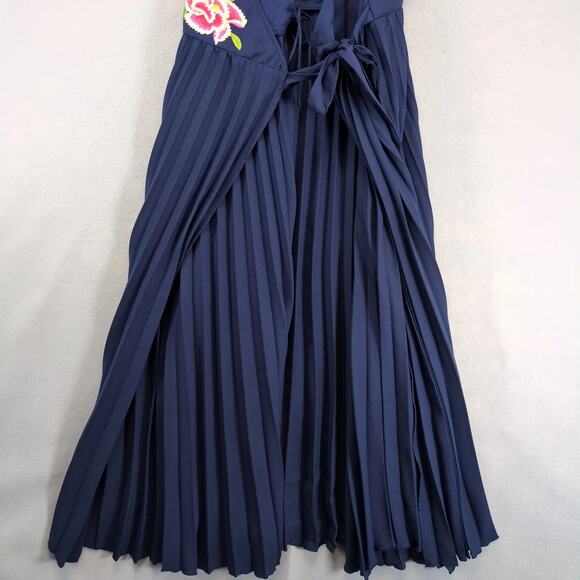 ASOS Design Navy Floral Embroidered Midi Wrap Dress 12 Tall Pleated Sleeveless - Picture 6 of 10